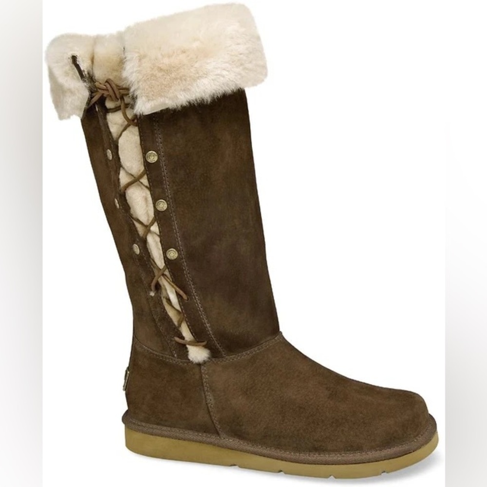 Ugg Tall Boots upside espresso brown lace up size with faux fur size 8